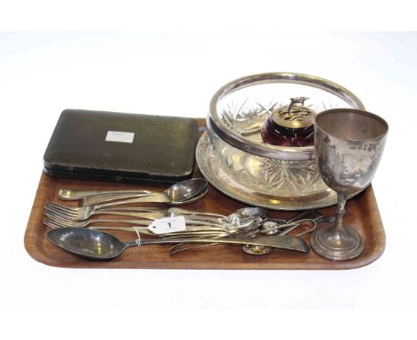 Silver trophy cup, silver rimmed glass bowl and pot pourri, silver flatware and silver plated circular tray