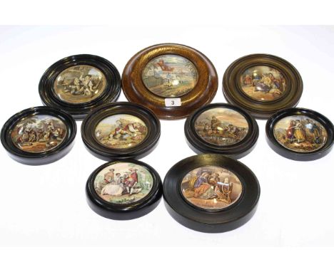Nine Prattware pot lids in wood frames