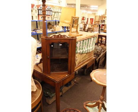 Victorian sarcophagus shaped trunk, oak two drawer writing table, glazed door corner wall cabinet, plant stand and toilet mir