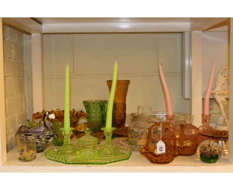 Collection of coloured glassware including trinket set, bowls, baskets, vases, etc