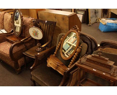 Two Victorian toilet mirrors, rosewood screen, oak open stand, mahogany dressing table back, fretwork corner bracket, Singer 