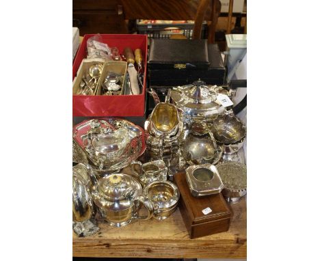 Boxed cutlery, EP wares including spoon warmer, flatware and silver pocket watch stand