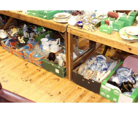 Seven boxes of decorative china, glass, boxed cutlery, walking stick, etc