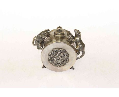 Russian silver inkwell of cylindrical form on four shaped feet, the body decorated with St George slaying the dragon and the 