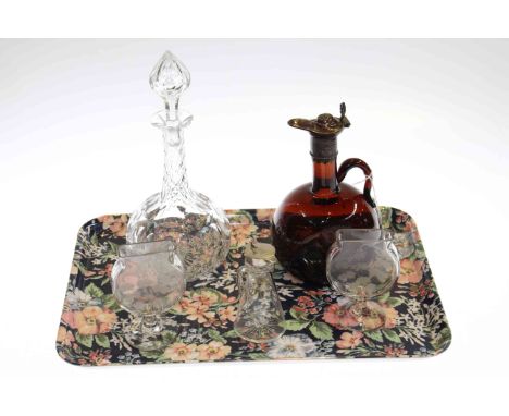 Glass decanter and stopper, brown glass ewer, silver topped whisky tot and pair of glass vases