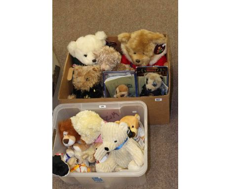 Two boxes of soft toys including Steiff