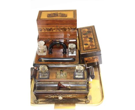 Two Victorian desk stands and three marquetry inlaid boxes including work box and tea caddy