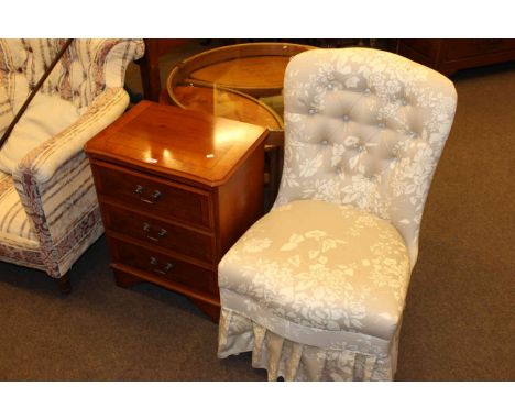 Yew three drawer pedestal chest and button backed bedroom chair