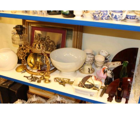 Brass column oil lamp, ceiling light, corner wall shelf, pictures, china and metalware