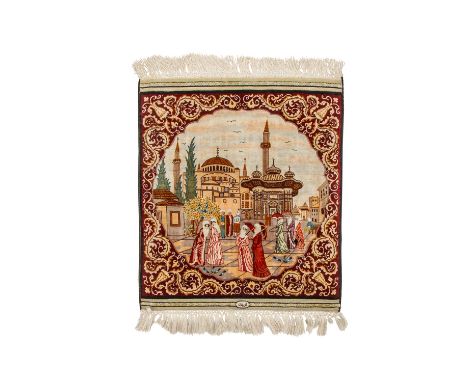 Orientteppich aus Seide. HEREKE KORHAN ISTANBUL, 20. Jh., 27x25 cm. Bildteppich mit Darstellung von Haremsdamen mit Blick auf