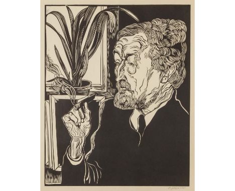 FELIXMÜLLER, CONRAD (1897-1977), "Christian Rohlfs", 1927, Brustbildnis mit Zigarre, Holzschnitt/chamoisfarbenes Bütten, in d