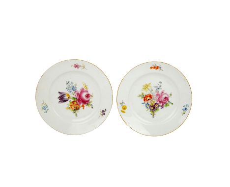 MEISSEN MARCOLINI zwei Teller, 1774-1814, zwei Teller mit polychromer Blumenmalerei und gestreuten Blumen auf der Fahne, Gold
