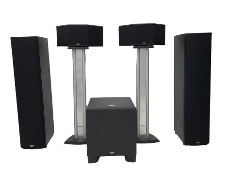 Klipsch surround sound speaker system, including two three way floor standing SF2BLK speakers, two SS1 speakers on stands, a 