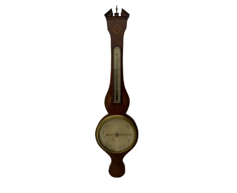 A William IV mercury wheel barometer c1830 with an inlaid broken pediment, brass finial and round base, mahogany veneered cas