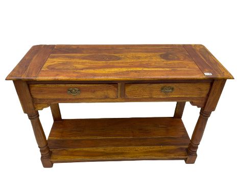 Hardwood console table, fitted with two drawers, turned supports joined by under-tierDimensions: Height:&nbsp;82cm&nbsp; Leng