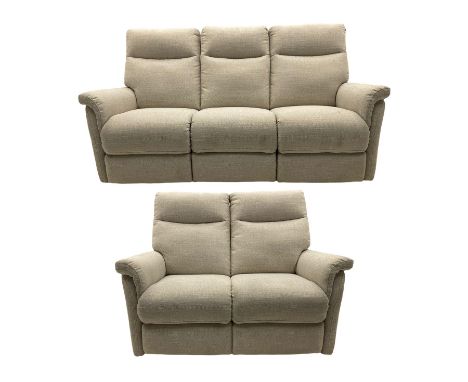 Rogers of York - three seat electric reclining sofa (W185cm), and matching two seater (W135cm), upholstered in beige fabric