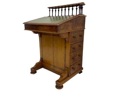 Late Victorian oak and walnut Davenport desk, raised gallery shelf, leather topped writing slope, four right hand side drawer