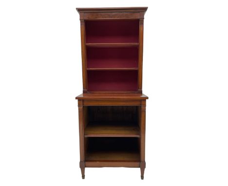 Edwardian mahogany open bookcase, three upper shelves with velvet lined interior, above single adjustable lower shelfDimensio