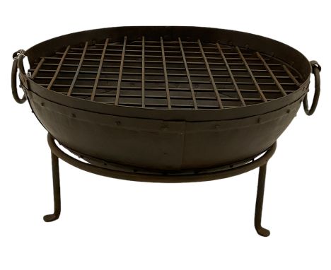 Wrought metal circular fire pit, with grate, on standDimensions: Height: 34cm  Length/Width: 60cm 