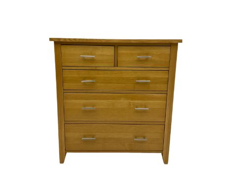 Light oak chest, fitted with two short and three long drawersDimensions: Height:&nbsp;97cm&nbsp; Length/Width:&nbsp;90cm&nbsp