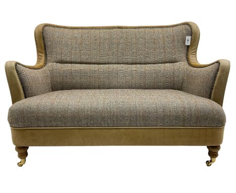 Harris Tweed - Two seat sofa, upholstered in tweed fabric and tan leather, with studded detailDimensions: Height:&nbsp;82cm&n