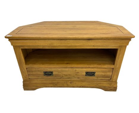 Light oak corner television stand, fitted with open shelf and single drawerDimensions: Height:&nbsp;61cm&nbsp; Length/Width:&
