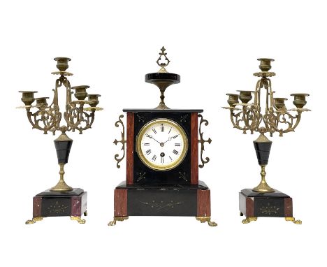 French mantle clock c.1900 with two matching five light candelabra, eight-day timepiece movement housed in a rectangular flat