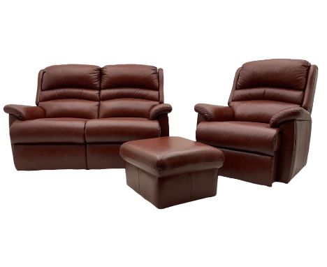 Two seat sofa (W158cm), upholstered in brown leather, with matching armchair (W93cm) and footstool 