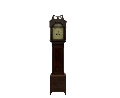 A 19th century unsigned mahogany veneered longcase clock  c1820, with a swans neck pediment and recessed break arch hood door