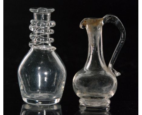 A late 18th Century miniature clear crystal glass decanter circa 1800, of Prussian form with applied spiral ring neck, height