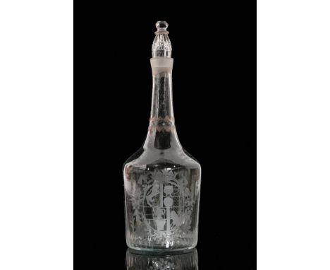 An 18th Century Austro-Hungarian decanter circa 1780 of shouldered cylindrical form with slender neck, engraved with a large 