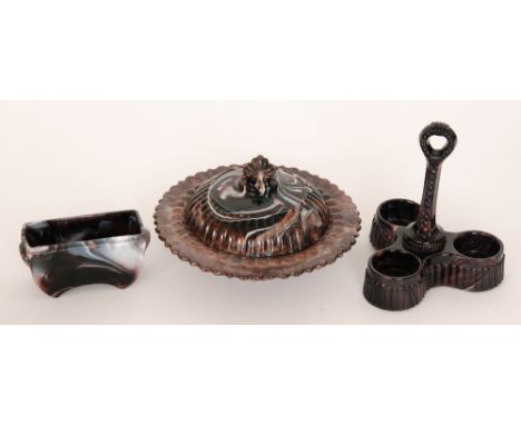 Three pieces of 19th Century purple malachite pressed glass comprising a George Davidson butter dish and cover, a Sowerby rec