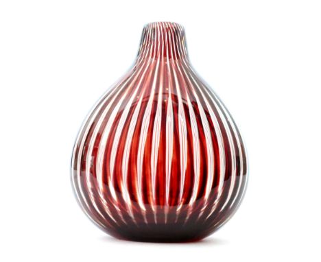 A circa 1955 Orrefors Ariel glass vase by Edvin Ohrstrom of swollen ovoid form to a narrow neck, the deep red ground with ver