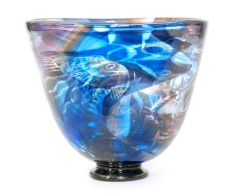 A later 20th Century Orrefors 'Sea Life' Graal glass bowl by Eva Englund the black foot rising to a flared bowl internally de