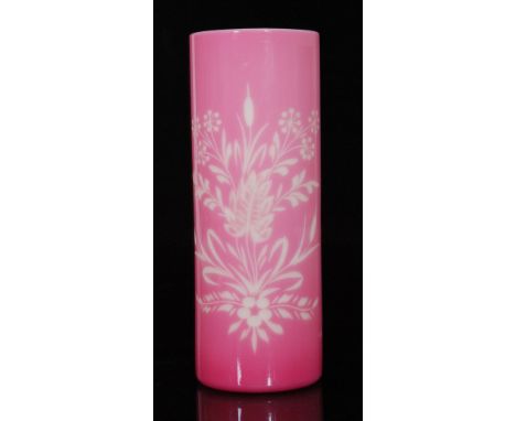 A late 19th Century Thomas Webb & Sons vase of cylindrical sleeve form, cased in pink over opal and later intaglio cut with a