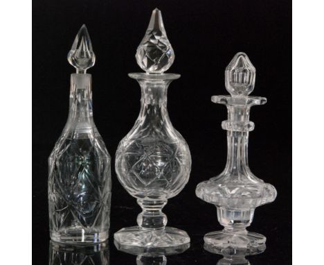 A late Georgian small clear crystal glass oil or vinegar decanter, circa 1780, slender bottle form with collar neck and spire