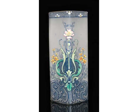 An early 20th Century French art glass vase, possibly Mont Joye & Cie, of square sleeve section, transfer printed and enamel 