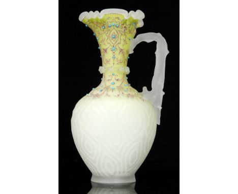 A large late 19th Century satin quilted air trap jug of footed compressed ovoid form with flared collar neck with integral sp
