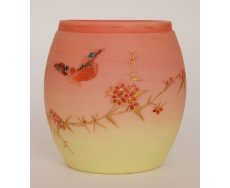 A large late 19th Century Thomas Webb & Sons Queens Burmese biscuit barrel of ovoid form, enamel decorated with a butterfly o