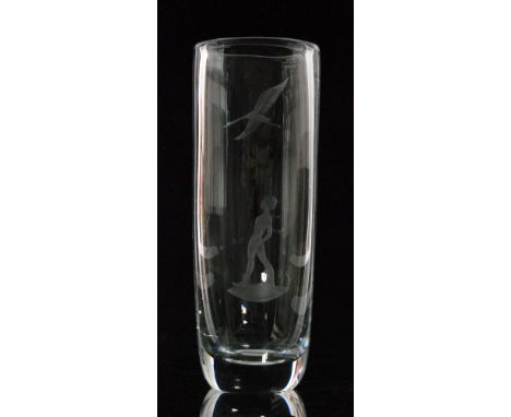 A post war Orrefors crystal glass vase designed by Sven Palmqvist of sleeve form with an engraved decoration depicting boy ad