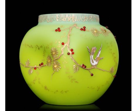 A late 19th Century Loetz Alpengruen vase of shouldered ovoid form with dimple knocked sides and shallow collar neck, cased i