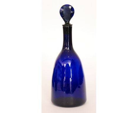 A late 18th Century Bristol blue decanter circa 1770 of sugarloaf form with tall collar neck with a facet lozenge stopper, he