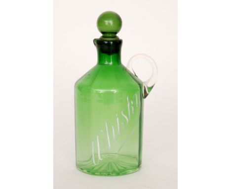 An early 20th Century Stevens & Williams spirit flask of fluted cylindrical form with collar neck and spherical stopper, enam