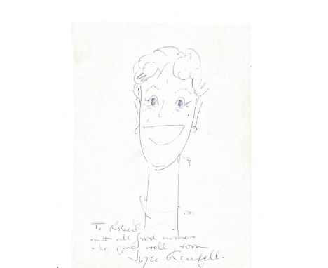 Authoress and actress Joyce Grenfell signed self-portrait caricature (dedicated) on 4 x 5 1/2 piece of paper. Good condition.
