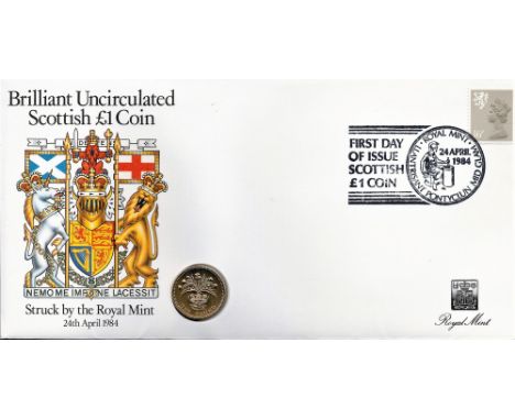 Uncirculated Scottish £1 first day of issue coin cover struck by the Royal Mint celebrating the design of the new Scottish on