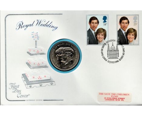 The Prince of Wales and Lady Diana, First day coin cover celebrating The Royal Wedding. Featuring two official Royal Mail sta