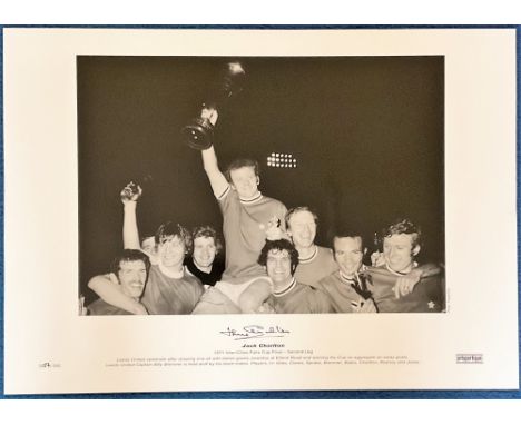 Jack Charlton signed 23x17 black and white print pictured celebrating after Leeds United win in the 1971 Inter Cities Cup Fin