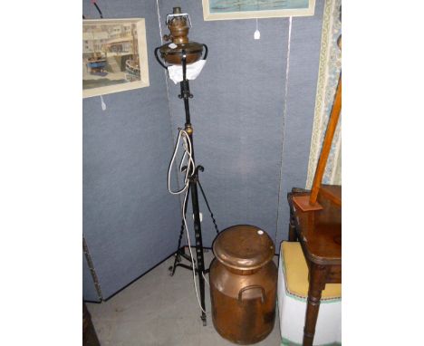 A copper milk churn, and a brass and iron standard lamp (2) 