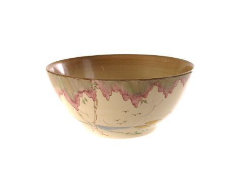 A Clarice Cliff ceramic bowl, having various landscape decoration, including a coastal scene, AF 