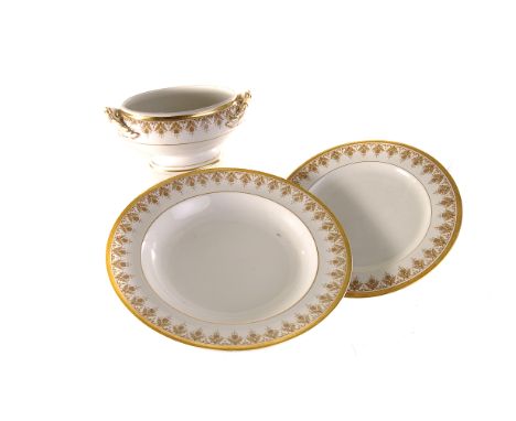 A Royal Worcester dinner service,  with gilt and foliate borders, comprising 22 dinner plates, 19 soup dishes, 18 side plates